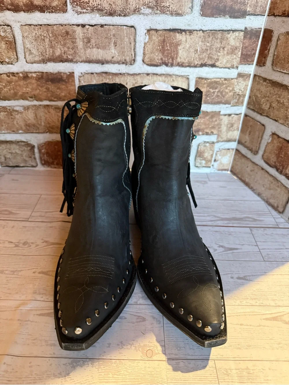 Double D Ranch Black Leather Western Fringe Ankle Boots with Turquoise Accents - Picture 3 of 11